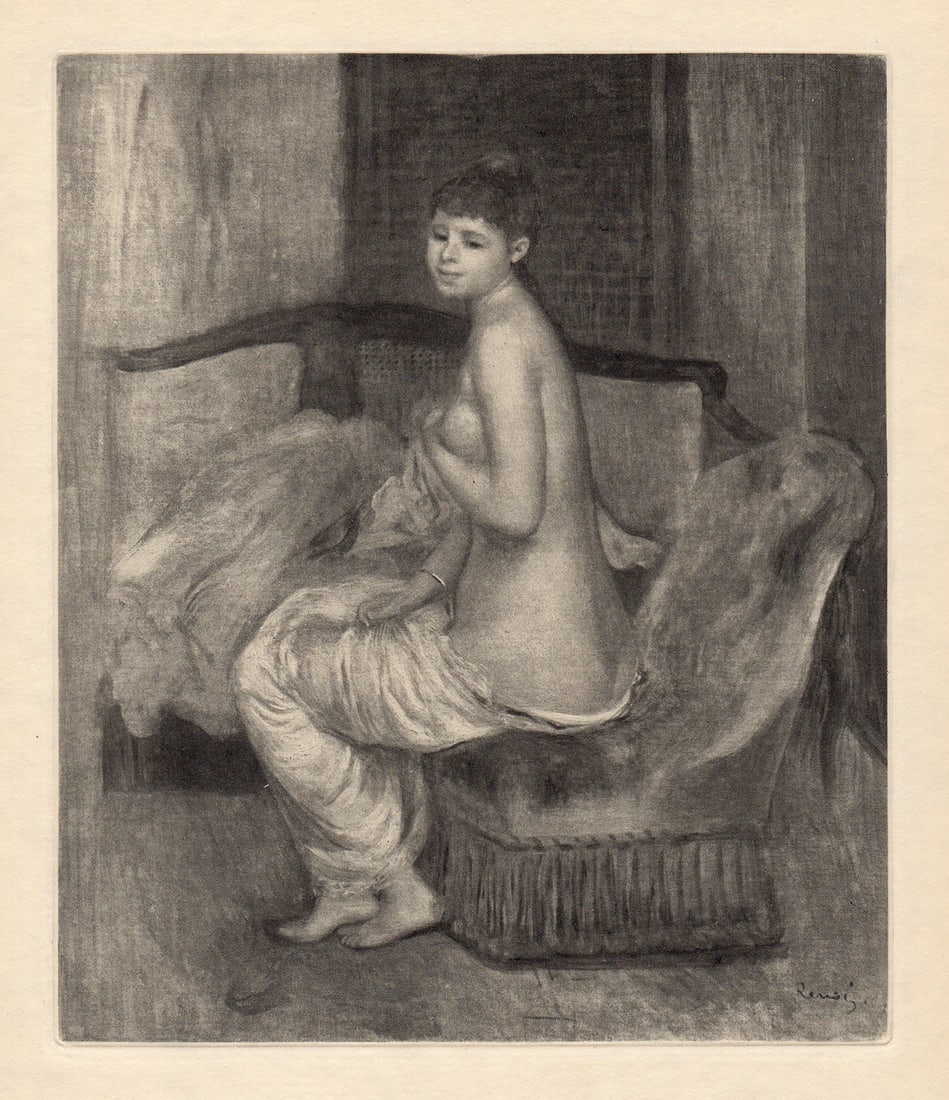 RENOIR 1919 Engraving "Nu Le Repos" LIMITED Edition Signed Framed: Pierre Auguste Renoir (1841 - 1919). Nu Assis or Le Repos (Nude Sitting or Resting). Antique copper plate heliogravure engraving on beau papier teinte hand pulled by Emile Fequet in Paris on December 