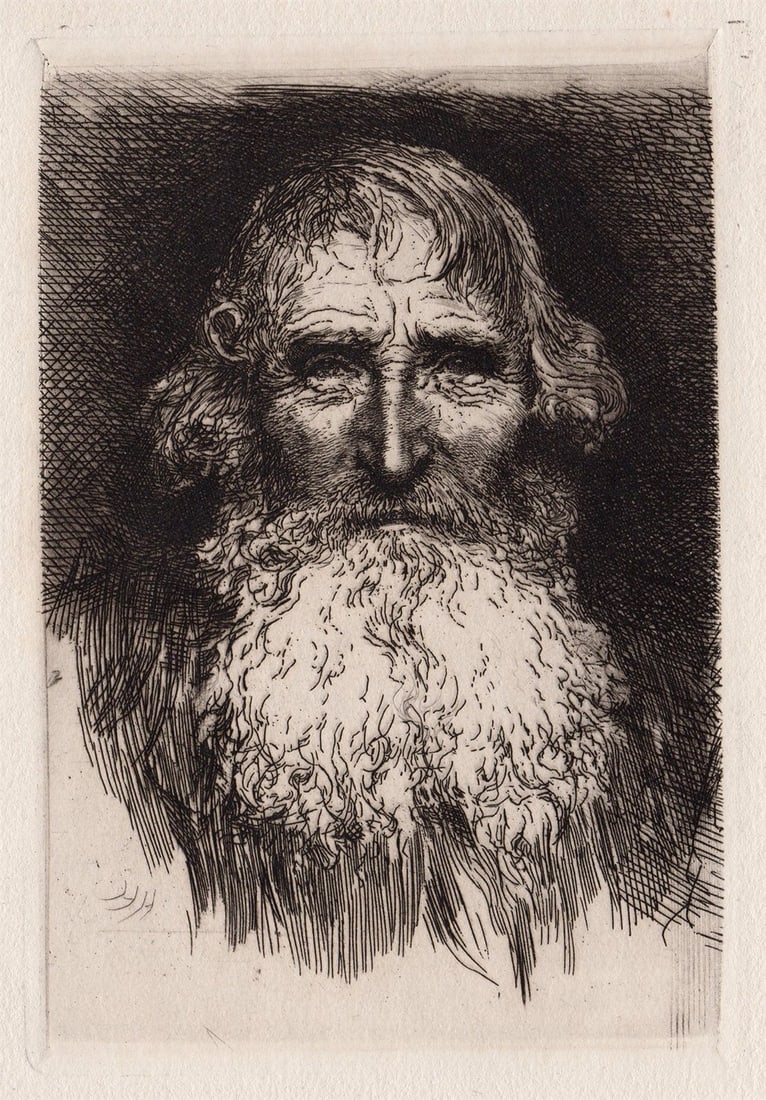 1880 Sir Hubert von Herkomer Portrait of a Bearded Man etching signed: Sir Hubert von Herkomer. (Hubert Herkomer) (British, 1849-1914). Portrait of a Bearded Man. Original etching on thick laid paper. 1880. Signed in the plate, lower left. Image Size 3 7/8 x 5 5/8 inches