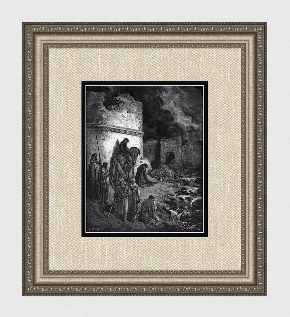1800s Gustave DORE'S BIBLE Woodcut Nehemiah Viewing the Ruins FRAMED Signed: Gustave Dore (Paul Gustave Louis Christophe Dore) (French, 1832-1883). Nehemiah viewing secretly the Ruins of the Walls of Jerusalem (from Dore's Bible). Antique woodcut wove paper after the original 