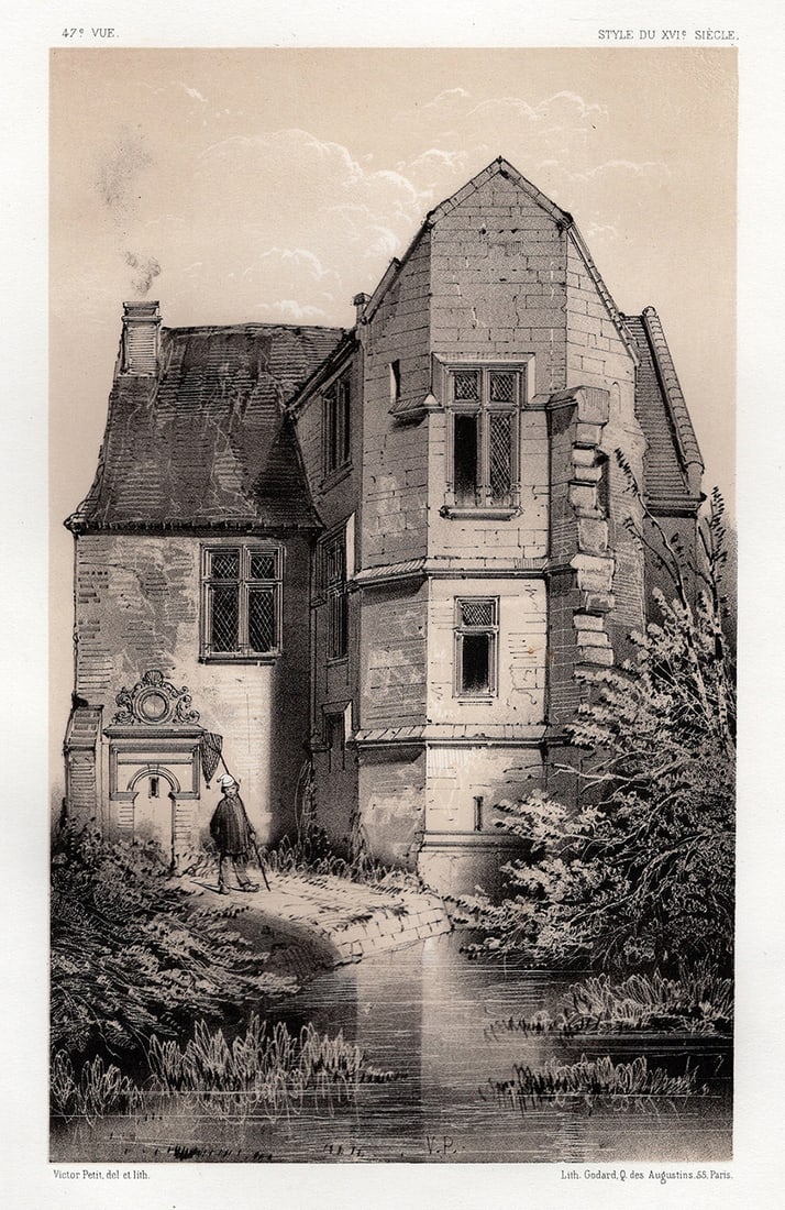 1800s Original V. PETIT SIGNED Lithograph Manor of Sousmont, Calvados FRAMED: Victor Jean Baptiste Petit (French 1817-1871). Manoir De Sousmont, Calvados (Manor of Sousmont, Calvados). Original tinted lithograph on strong vellum paper. Year: 1860. Signed in the plate. Published