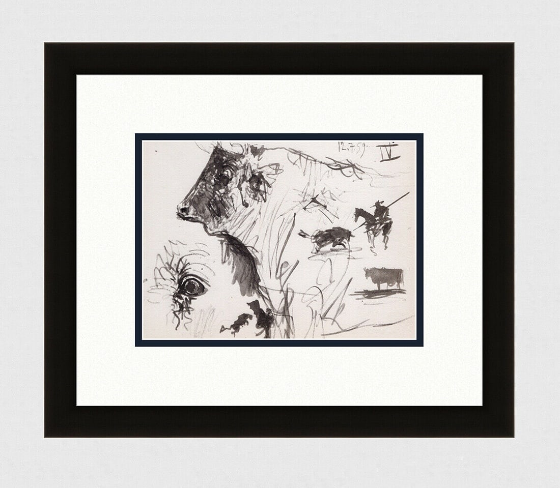 PABLO PICASSO 1961 Vintage Lithograph Estudio de Toros FRAMED: Pablo Picasso (1881 - 1973). Study of Bulls IV (Estudio de Toros). Black and white offset lithograph, on Arches paper, after the original sketch. Atelier: Mourlot. Year: 1961. Signature/Dated: Dated i
