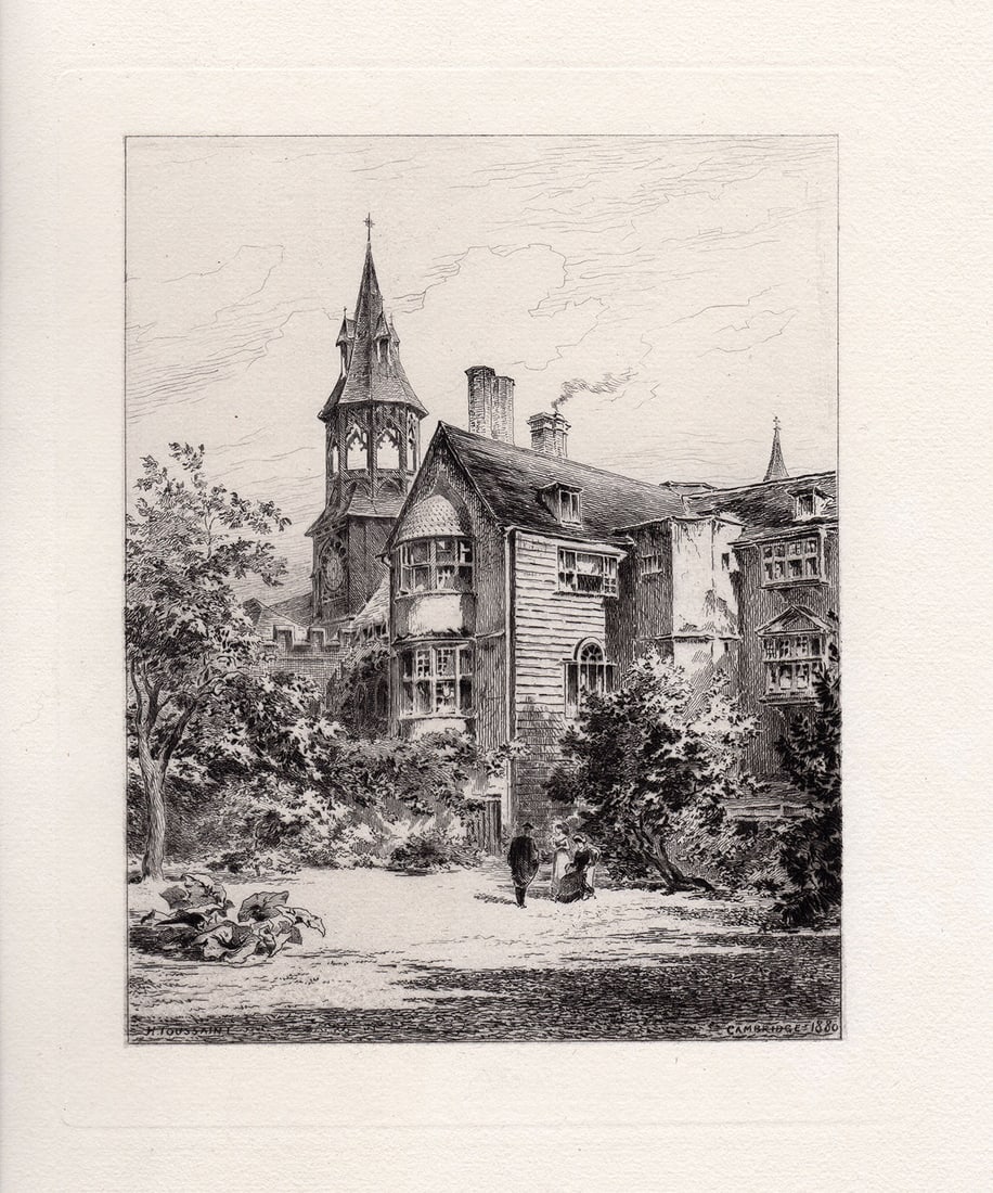 Charles Henri Toussaint The Lodge of Queens' College 1880 etching: Charles Henri Toussaint. (French, 1849-1911). The Lodge of Queens' College. Antique etching on thick laid paper. 1880. Signed in the plate lower left. Excellent. Image Size 7 1/4 x 9 inches. Approxima