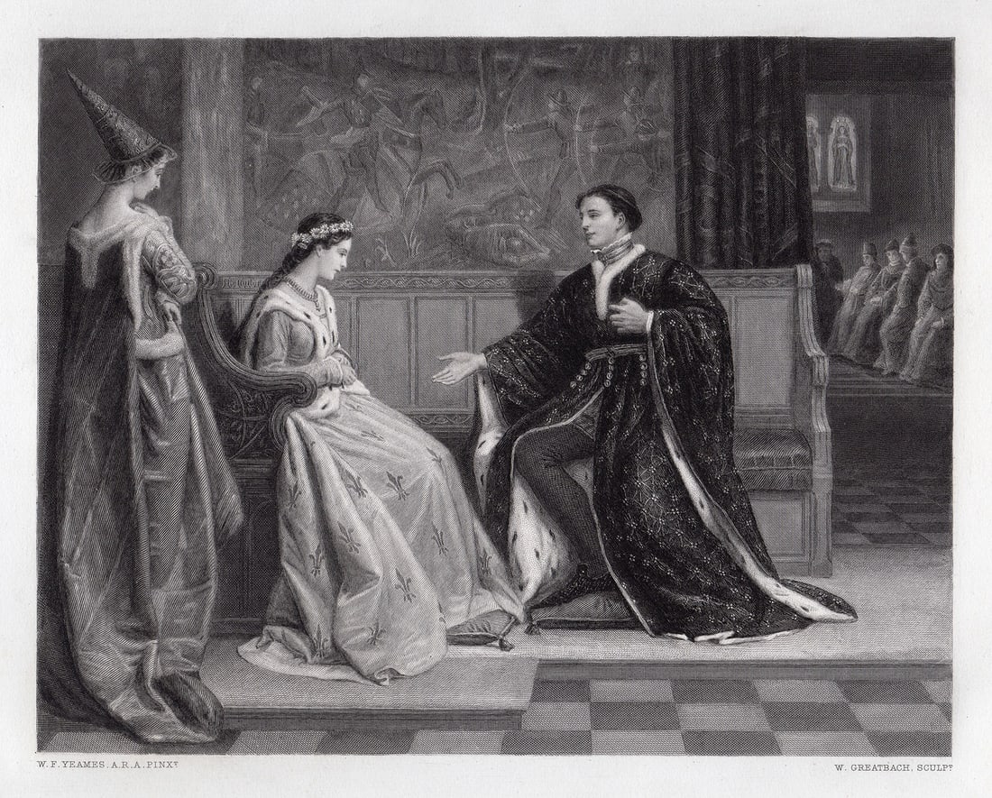 William Frederick Yeames 1876 engraving The Wooing of Henry V signed (1 of 2)