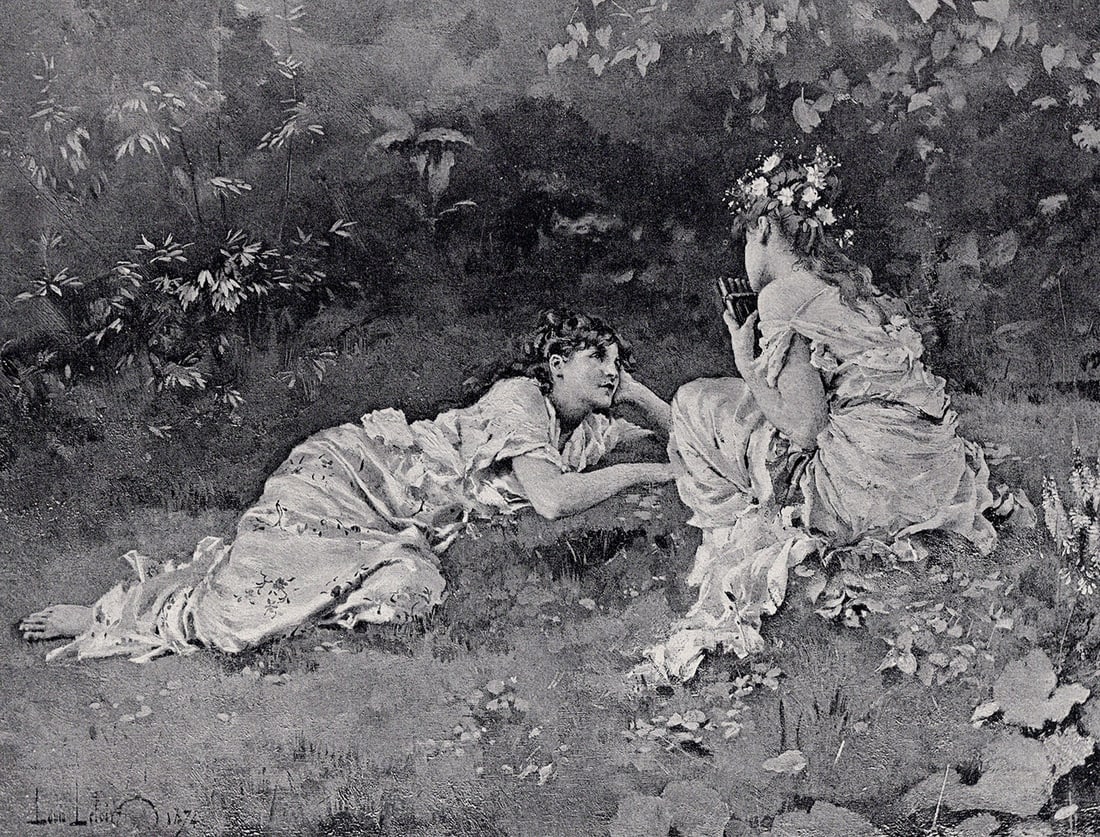 Alexandre-Louis Leloir 1800s Antique Print A Pastoral Idyl SIGNED Framed: Alexandre-Louis Leloir (French, 1843 - 1884). A Pastoral Idyl. Antique print after the original. Year: c. 1890. Signed in the plate, lower left. Image Size 7 3/8 x 10 inches. Framed dimensions approxi