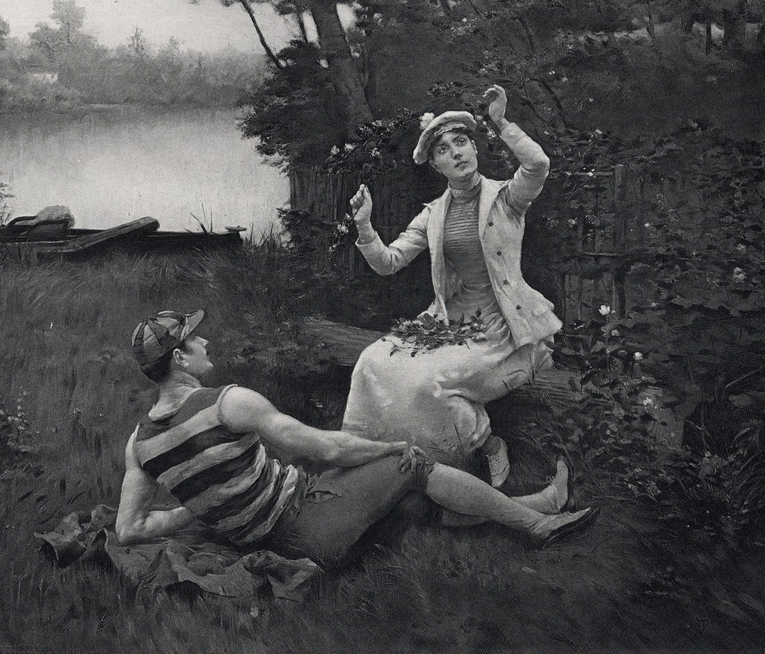 1800s Jules Scalbert Antique Print Romance on the Riverbank FRAMED (1 of 2)