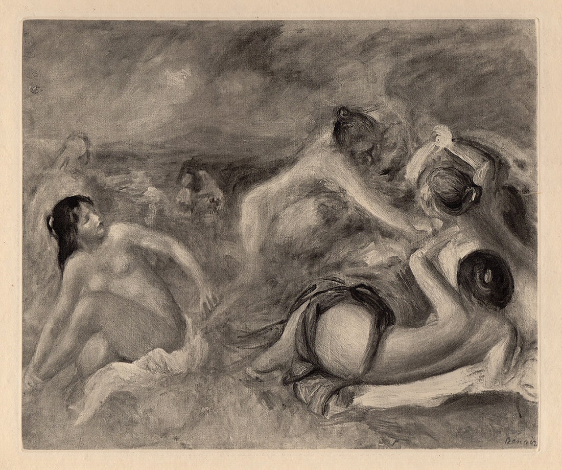 1919 Pierre Auguste RENOIR Engraving "Baigneuses" SIGNED LIMITED Framed: Pierre Auguste Renoir (1841 - 1919). Bathers (Baigneuses). Antique copper plate heliogravure engraving on beau papier teinte hand pulled by Emile Fequet in Paris on December 15, 1919. Signed in the pl