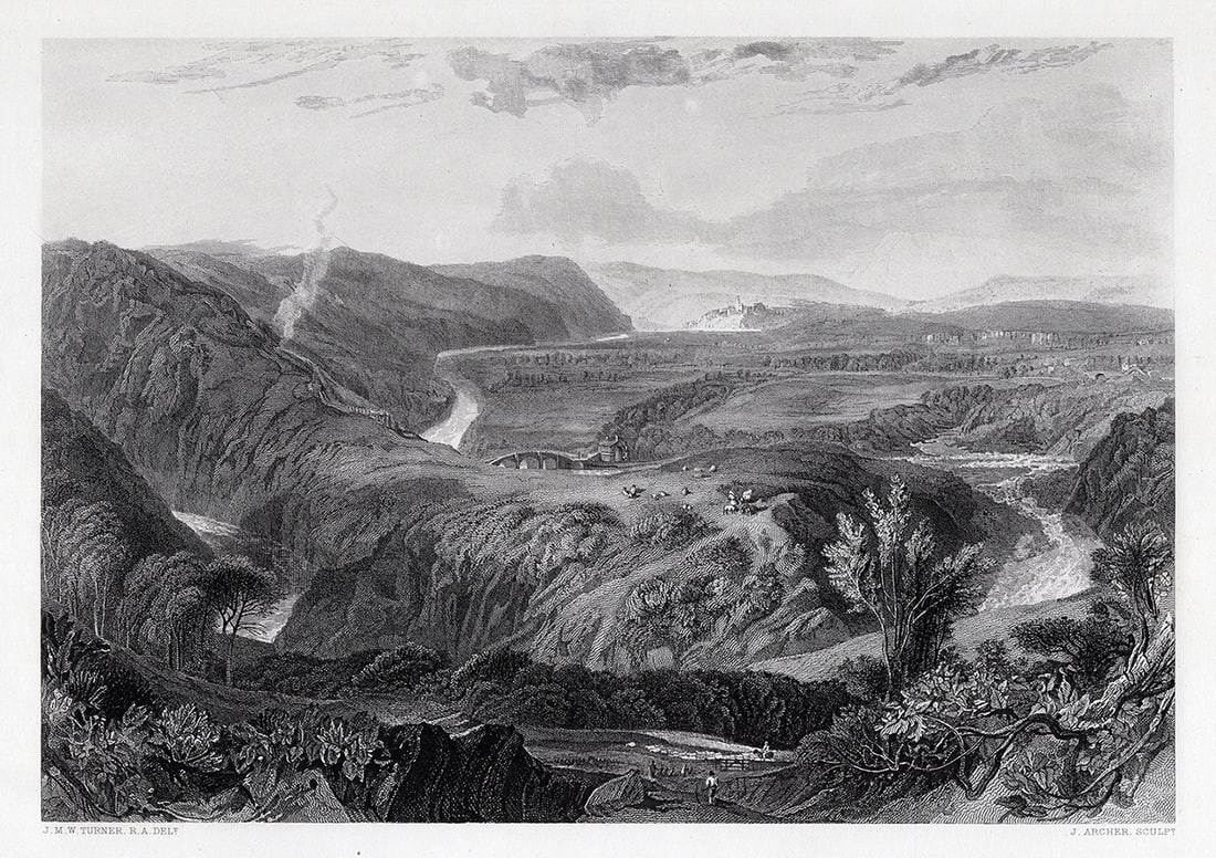 JMW TURNER 1800s Engraving Distant view of Hornby Castle Framed Signed (1 of 3)