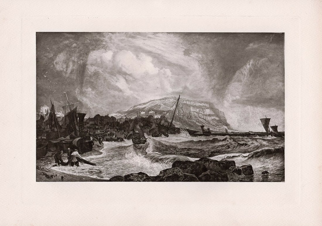 John James Chalon Hastings 1890 print: John James Chalon. (1778-1854). "Hastings". Antique heliogravure on heavy wove paper after the original. 1890. Excellent. Image size 7 7/8 x 11 1/2 inches. Approximately 16 x 18 inches Accompanied. Ga