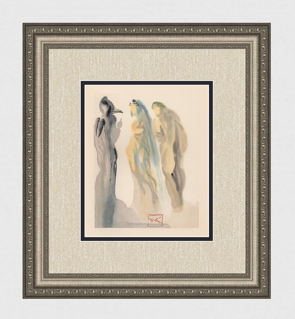 1960 Salvador Dali Venus Authentic Woodcut Signed Framed: Salvador Dali. (1904-1989). "The Sphere of Venus" Paradise Canto 9. Authentic Original Color Woodcut from The Divine Comedy Printed in 1960 on B.F.K. Rives Paper ( this is not a reproduction, copy, or