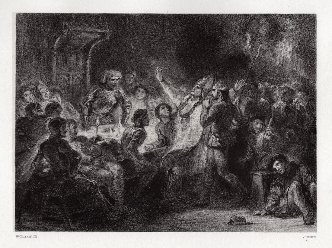 1800s Eugene Delacroix Engraving Death of Bishop of Liege SIGNED FRAMED: Eugène Delacroix (French, 1798 - 1863). Mort de l'Eveque de Liege (Death of the Bishop of Liège). Antique engraving on wove paper after the original by master engraver Adolphe Mouilleron (French, 18