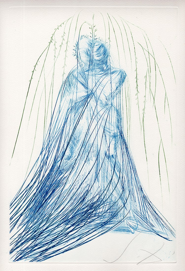Salvador Dali Tristan Lady in Blue Etching Hand Signed Limited Framed: Salvador Dali. Iseult et Brangaine (Iseult od the Whtie Hands). Original Color drypoint etching on Arches paper. Year: 1970. Hand Signed in pencil (Monogram) lower right. From the edition of 125. Blin