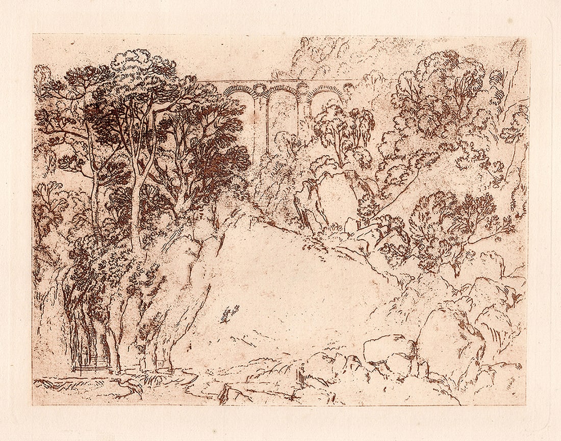 Joseph Mallord William Turner 1800s Etching The Stork & Aqueduct Framed: Joseph Mallord William Turner (English, 1775-1851). The Stork and Aqueduct, from Liber Studiorum. Antique etching on laid paper after the original by a Master Etcher. Year: 1879. Image size 7 1/8 x 9 