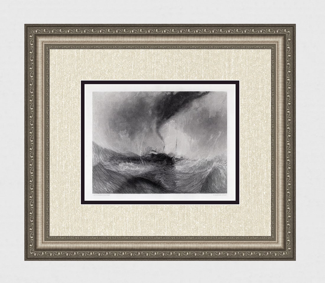 1800s TURNER Engraving Steam-Boat off a Harbour's Mouth SIGNED Framed: Joseph Mallord William Turner (English, 1775-1851). Snowstorm. Antique engraving on wove paper after the original by master engraver Robert Brandard (British, 1805-1862). Year: 1878. Signed in the pla