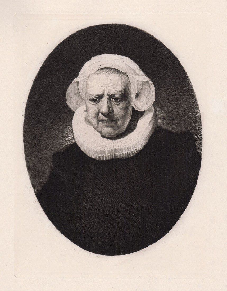 Rembrandt Portrait D'une Vieille Dame (Portrait of an Old Lady) c. 1880 etching: After Rembrandt Harmenszoon Van Rijn. (1606-1669). Portrait D'une Vieille Dame (Portrait of an Old Lady). Antique Hand Pulled Copper Plate Etching on Laid Paper after the Original 1600's Oil Painting 