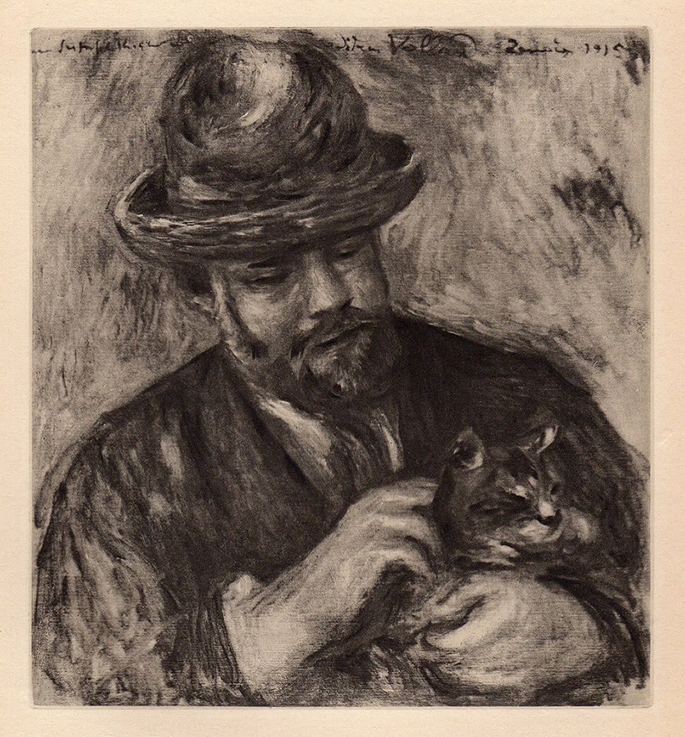 Pierre Auguste Renoir 1919 Portrait Engraving "Man with a Cat" SIGNED LIMITED Framed: Pierre Auguste Renoir (1841 - 1919). Portrait of a Man holding a Cat. Antique copper plate heliogravure engraving on beau papier teinte hand pulled by Emile Fequet in Paris on December 15, 1919. Editi