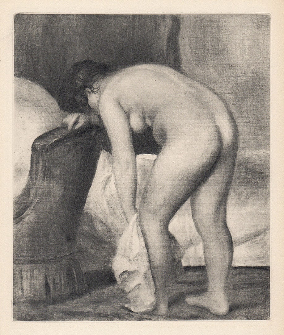 RENOIR 1919 Limited Edition Engraving "Nude after the Bath" Framed: Pierre Auguste Renoir (1841 - 1919). After the Bath (Apres le Bain). Antique copper plate heliogravure engraving on beau papier teinte hand pulled by Emile Fequet in Paris on December 15, 1919. Editio