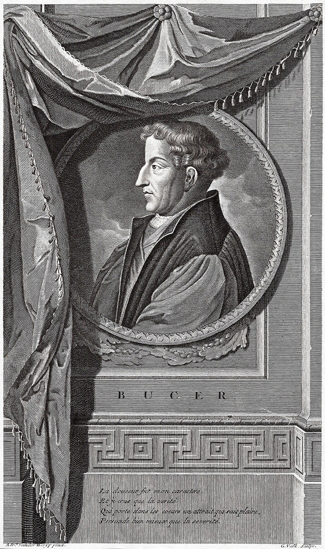 Adriaen van der Werff 1697 Engraving Martin Bucer The Forgotten Reformer Framed: Adriaen van der Werff (1659 - 1722). Portrait of Martin Bucer (1491 - 1551) . Antique engraving on laid paper after the original by master engraver Gerard Valck (Dutch, 1651/2-1726). Year: 1697. Signe