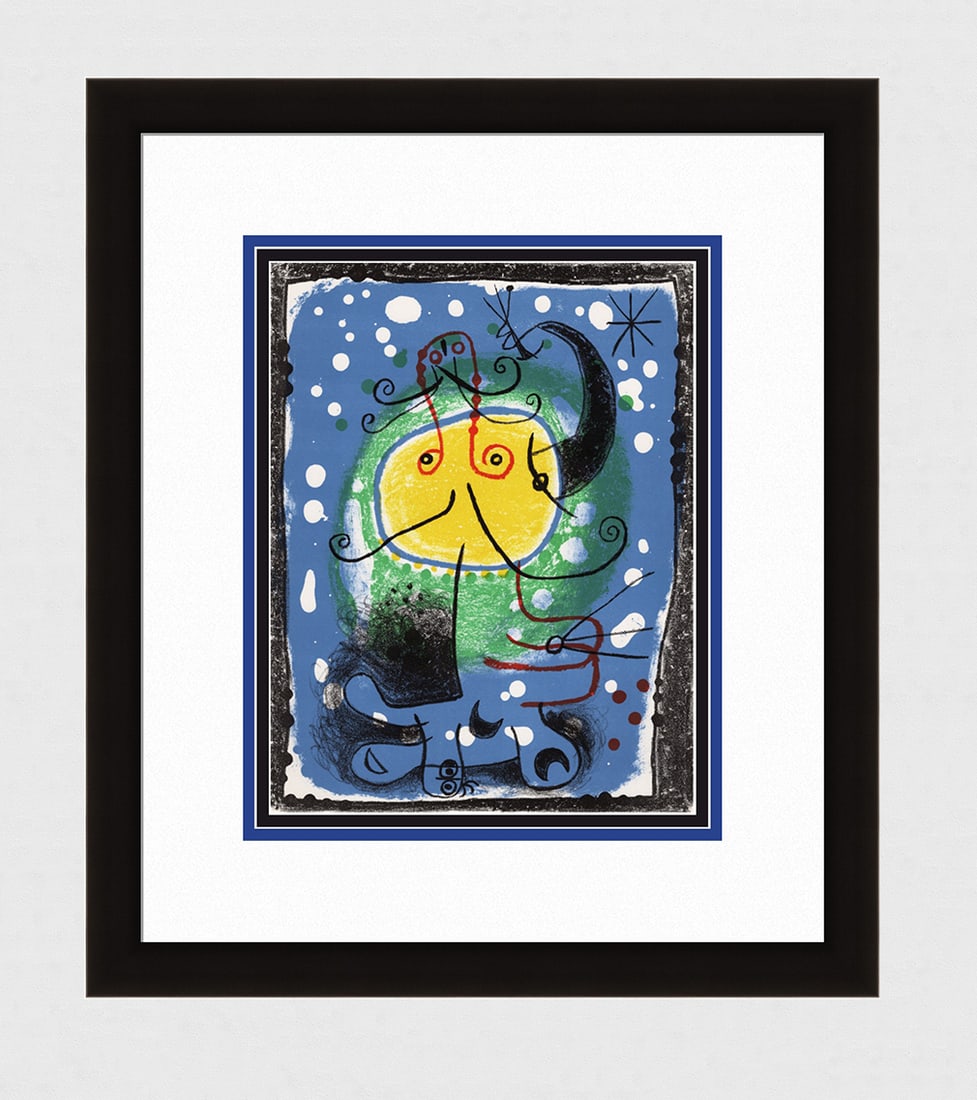1957 Joan MIRO Color Lithograph Personnage sur fond bleu Gallery Framed: Joan Miro (1893 - 1983). "Personnages sur Fond Bleu (Figure on a Blue Background)." Original Color lithograph on wove paper. Year: 1957. Printed by Mourlot. Published in Paris by San Lazzaro. Sheet Si