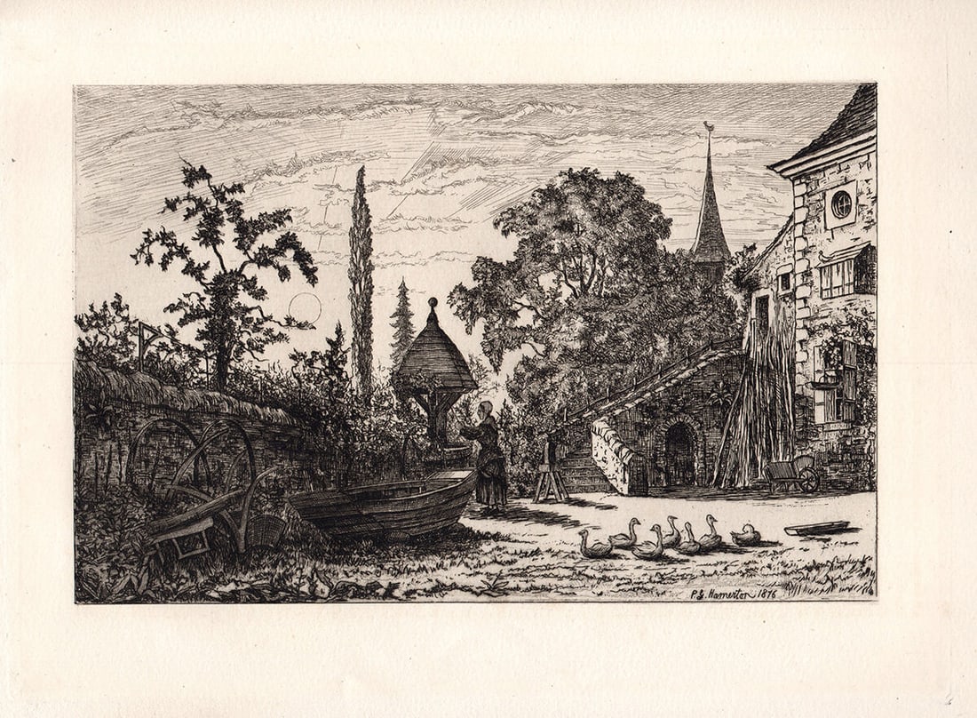 Philip Gilbert Hamerton Smith's Yard at Etang 1876 etching: Philip Gilbert Hamerton. (English, 1834-1894). Smith's Yard at Etang. Antique copper plate etching on laid paper. 1876. Excellent. Image Size 5 3/4 x 9 inches. Framed dimensions c. 14 x 17 inches. Thi