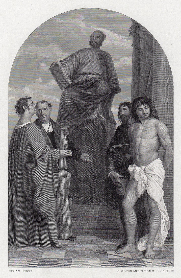 Titian St mark and Saints 1870 engraving: Titian (Tiziano Vecelli or Tiziano Vecellio known in English as Titian) (Italian, c. 1485-1576). St. mark and the Saints. Antique engraving on wove paper after the original by master engravers G. Geys