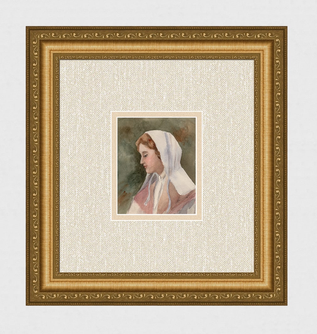 1909 Original English Watercolor Rustic Beauty Framed: F.E.L.F. (English) Rustic Beauty. Original Watercolor on wove paper. Year: 1909. Monogrammed and dated 1909 on mount See Pictures). Image size 4 1/4 x 5 1/8 inches. Framed dimensions approximately 14