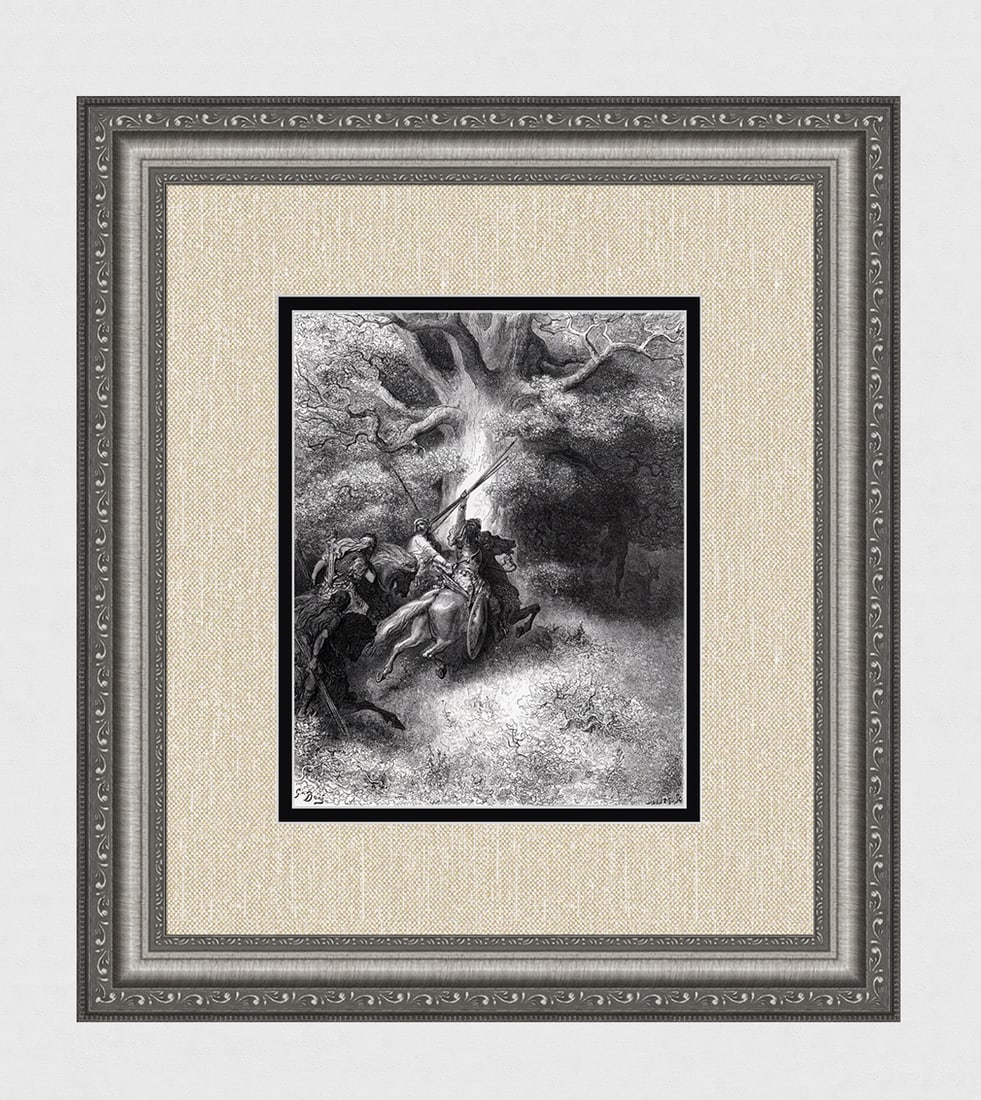 1800s GUSTAVE DORE Religious Woodcut Death of Absalon SIGNED FRAMED: Gustave Dore (Paul Gustave Louis Christophe Dore) (French, 1832-1883). The Death of Absalom (From Dore's Bible). Antique woodcut wove paper after the original by a master wood engraver Doluet SC (Fren