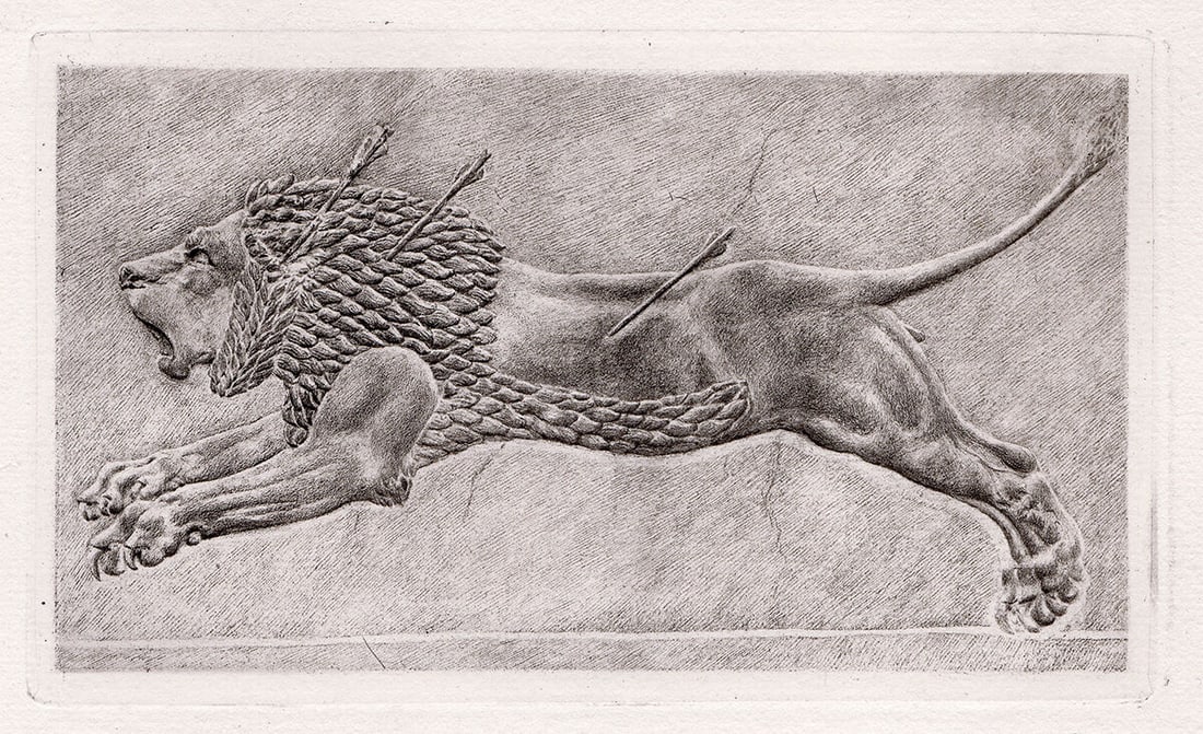 Assyrian Lion 1880 Engraving: Assyrian Lion. Antique engraving on laid paper by a Master Engraver. 1880. Image Size 4 x 6 3/4 inches. Framed dimensions: Approximately 13 x 16 inches. This piece has been professionally matted and f