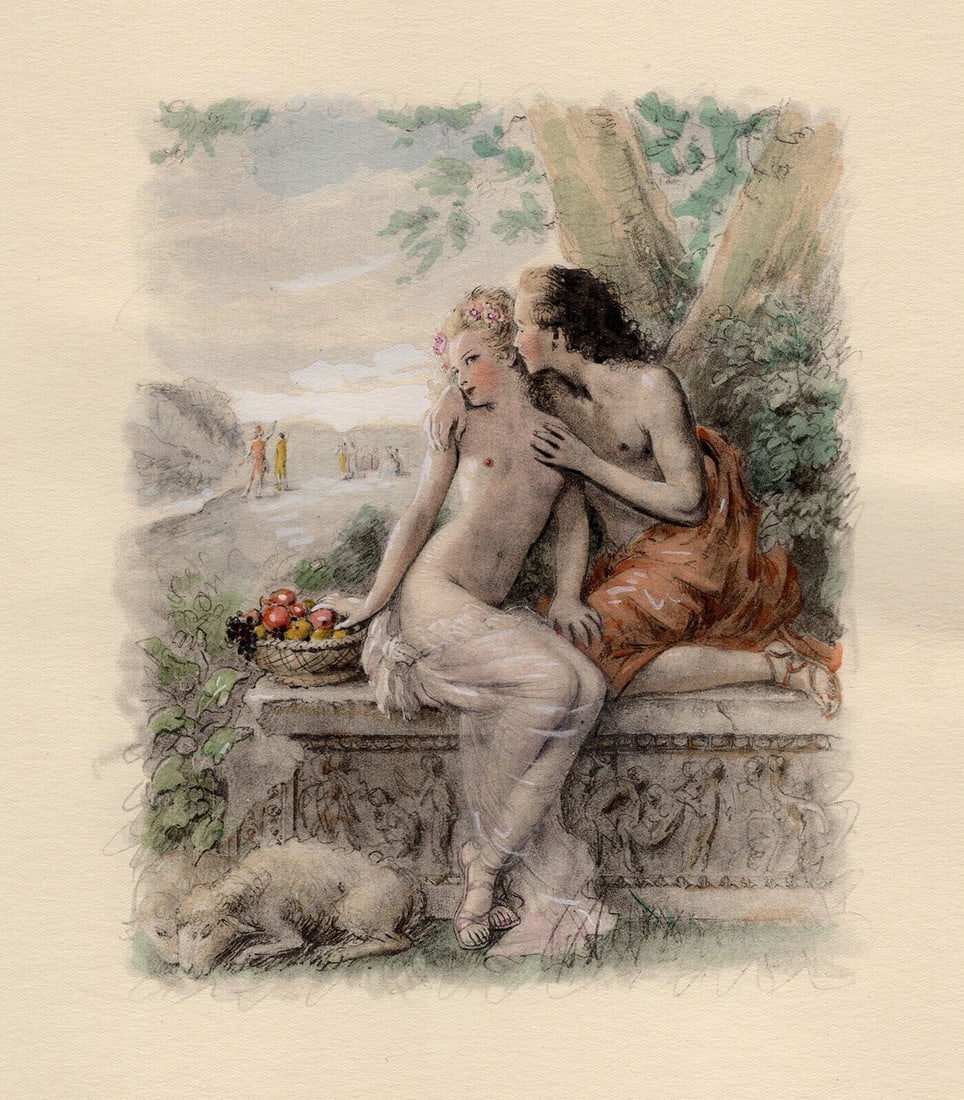 Original 1947 Paul-Emile Becat Limited Lithograph On the Park Bench Framed: Paul-emile Becat (French, 1885 - 1960). Second Kiss, The Spark (L'etincelle, Deuxième Baiser). Original color lithograph on Chiffon Renage paper. Year: 1947. Numbered limited edition. This is one of 