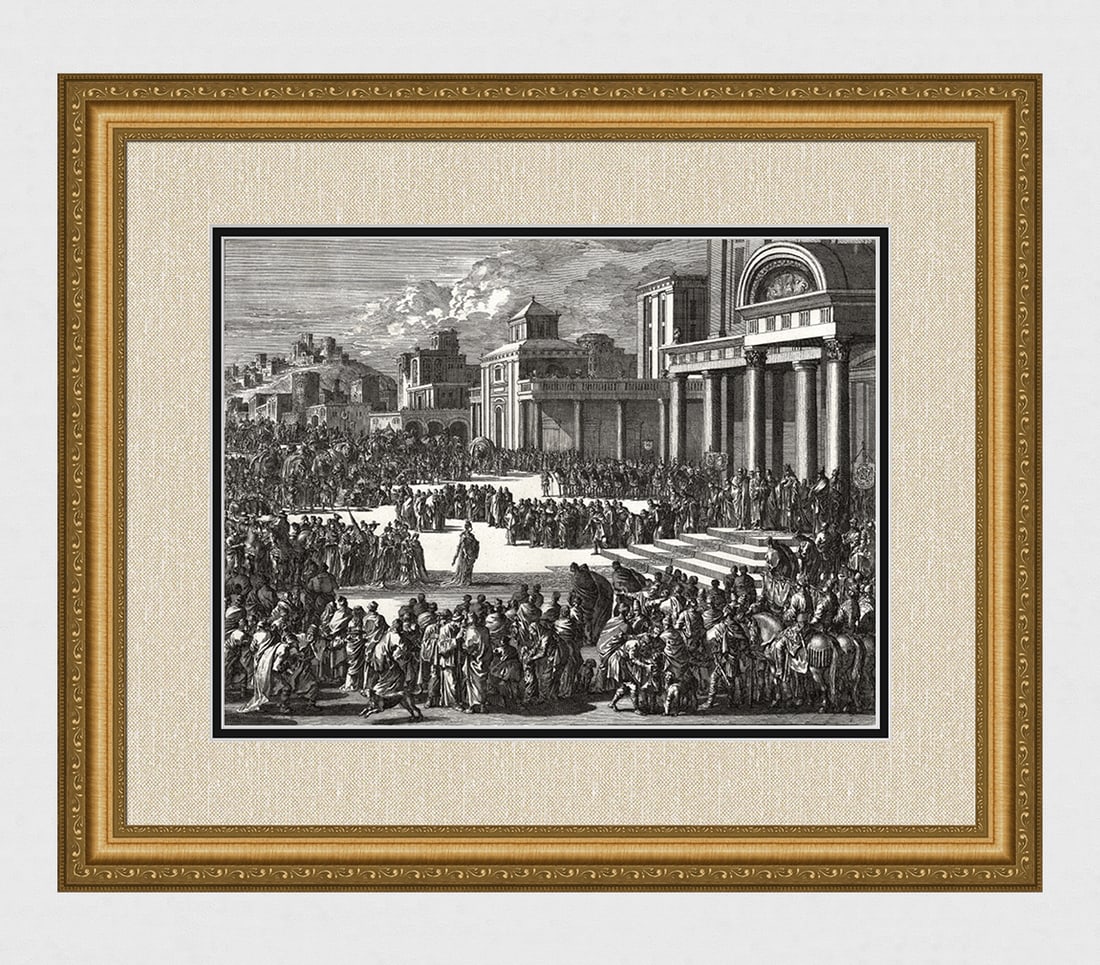 1747 Monumental Engraving Jan Luyken The Queen of Sheba Framed: Jan Luyken (Dutch, 1649 - 1712). The Queen of Sheba Comes to See Solomon. Antique engraving on laid paper. Year: 1747. Publisher: Frans Houtteyn. Reference: Hollstein / Dutch and Flemish etchings, eng