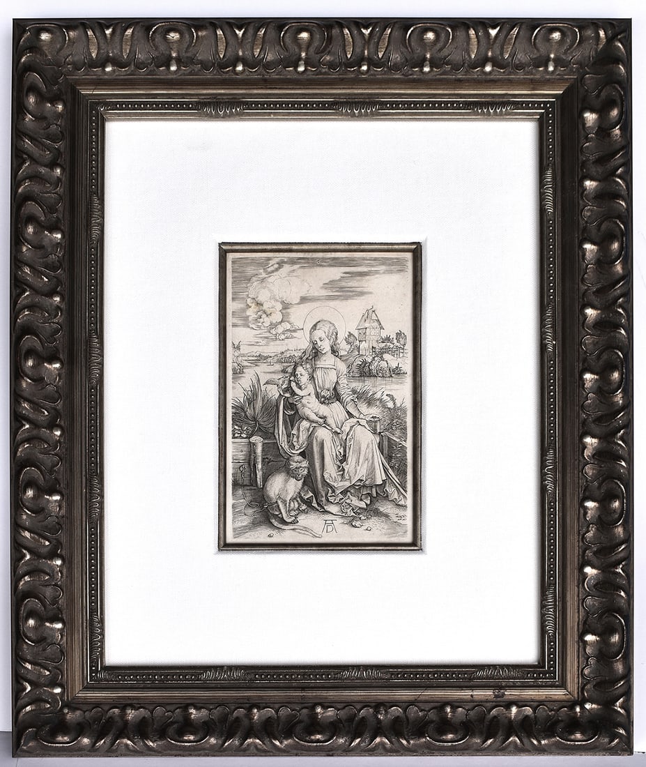 Albrecht Durer Engraving Virgin and Child With Monkey Framed: Albrecht Durer (1471 - 1528). The Virgin and Child with the Monkey. Antique copper plate engraving on laid paper. A good impression of the last state with the plate hole in the clouds, small margins. 