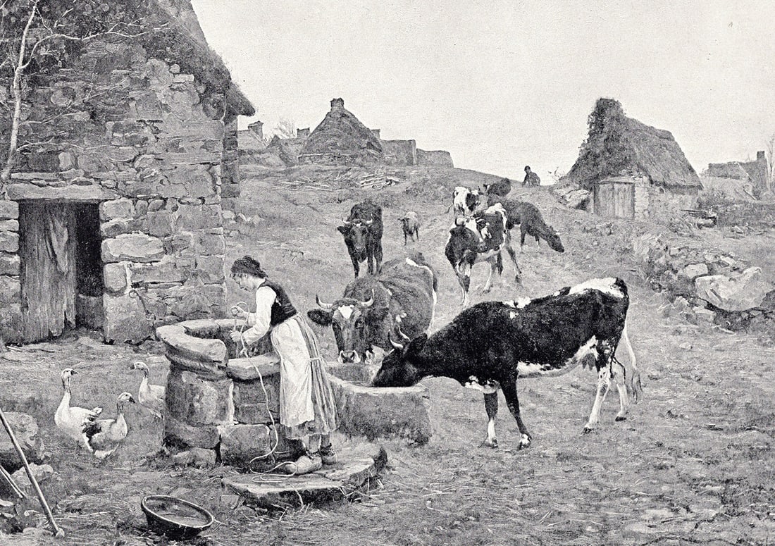 Adolphe Charles Marais 1800s Antique Print Water for the Cows SIGNED Framed: Adolphe Charles Marais (French, 1856 - 1940). Water for the Cows. Antique print after the original. Year: c. 1890. Signed in the plate, lower left. Image Size 9 3/4 x 10 7/8 inches. Framed dimensions 