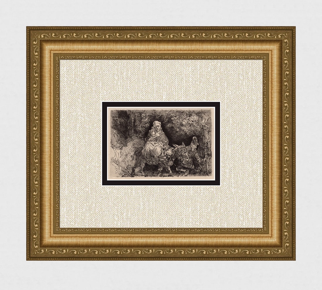 1800s REMBRANDT B55 Etching SIGNED Flight in to Egypt Durand: After Rembrandt Harmenszoon Van Rijn (1606-1669). Title: The Flight Into Egypt: Crossing a Brook. Medium: Antique hand pulled copper plate etching on laid paper after the original by master etcher Ama