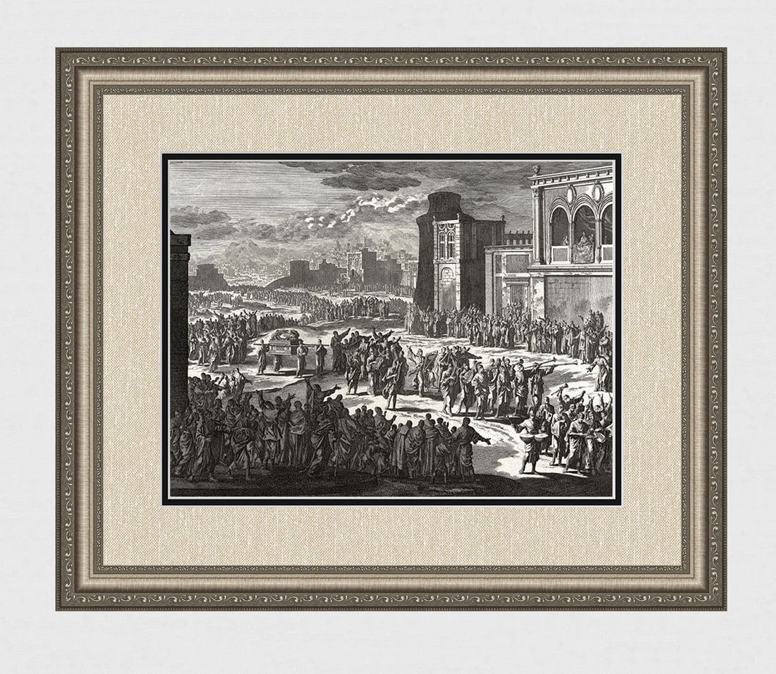 1747 Monumental Engraving Jan Luyken The Ark of the Covenant Framed: Jan Luyken (Dutch, 1649 - 1712). David Dances in Front of the Ark. Antique engraving on laid paper. Year: 1747. Publisher: Frans Houtteyn. Reference: Hollstein / Dutch and Flemish etchings, engravings