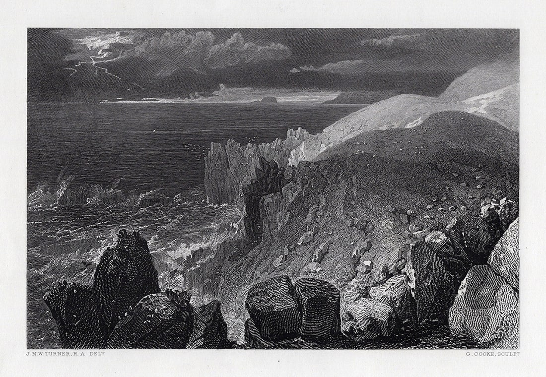 1800s William Turner Engraving Rocky Shoreline at Land's End FRAMED SIGNED: Joseph Mallord William Turner (English, 1775-1851). Land's End, Cornwall. Antique engraving on wove paper after the original by master engraver George Cooke (British, 1781-1834). Year: 1878. Signed in