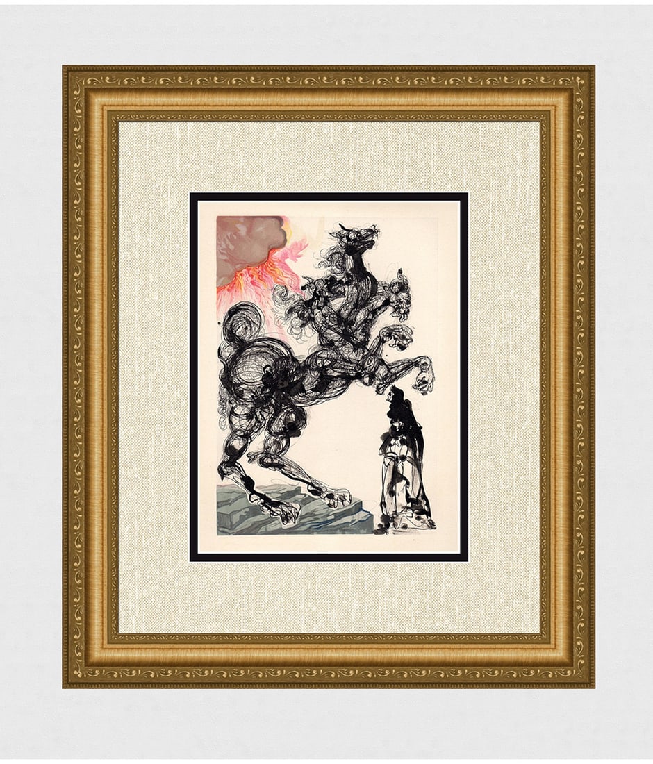 1960 Salvador Dali Cerebus Authentic Woodcut: Salvador Dali. (1904-1989). "Cerebus" Enferno Canto 6. Authentic Original Color Woodcut from The Divine Comedy Printed in 1960 on B.F.K. Rives Paper ( this is not a reproduction, copy, or reprint, but