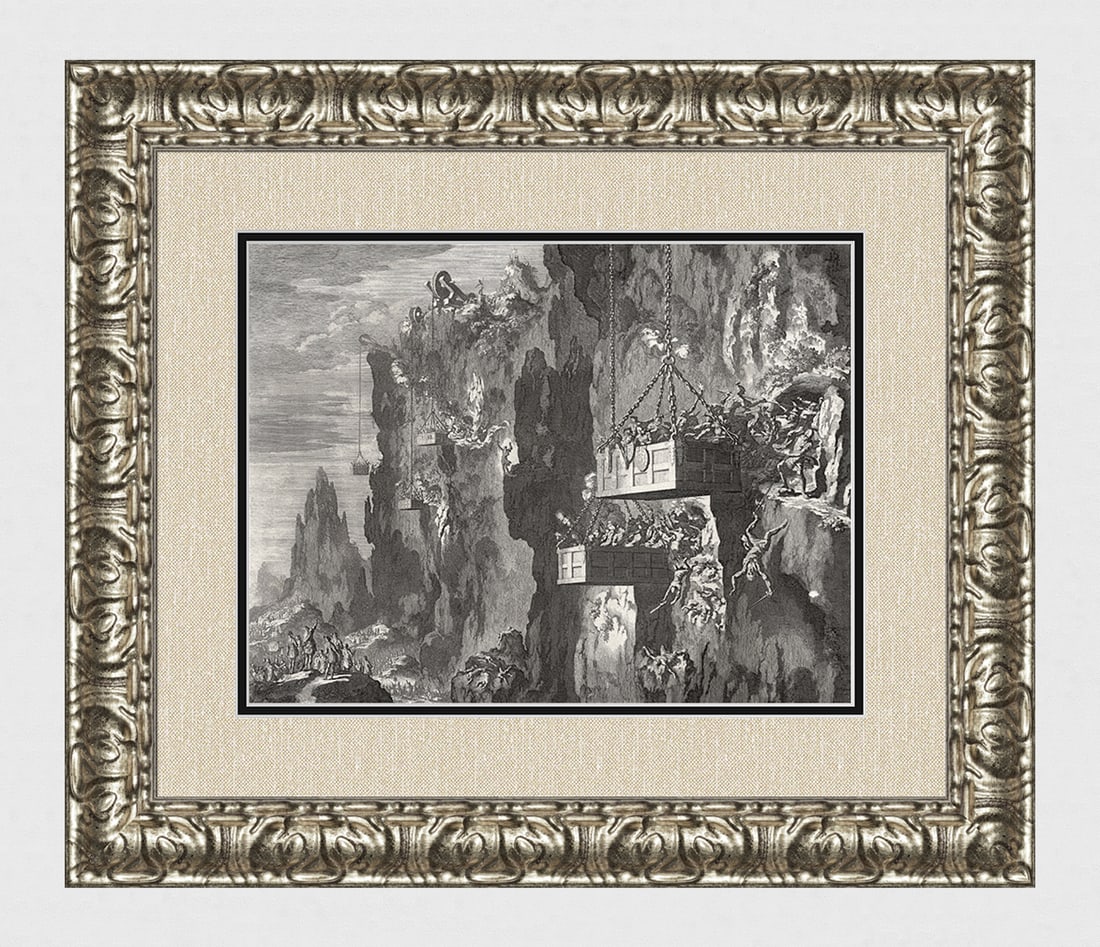 1747 Monumental Engraving Jan Luyken Herod's Soldiers in Baskets Framed: Jan Luyken (Dutch, 1649 - 1712). Herod wages war against the robbers in the rocks by soldiers who are lowered in chests by windlasses hanging on stiff chains. Antique engraving on laid paper. Year: 17