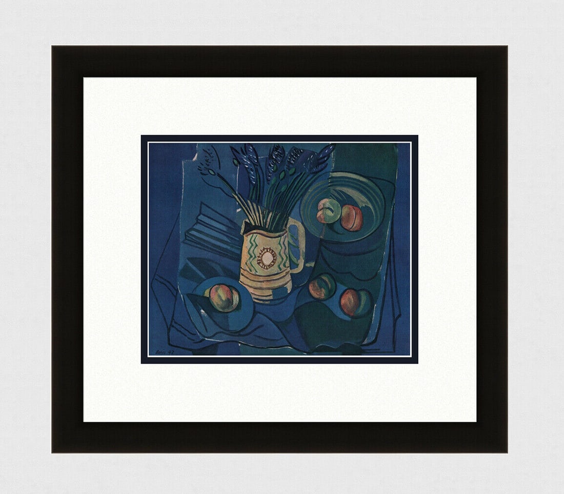 1943 BORES Color Lithograph Composition on Blue Signed Framed COA: Francisco Bores (Spanish, 1898 - 1972). Composition Sur Fond Bleu (Composition Blue Background).Vintage offset lithograph after the original painting. Year: 1943. Signed in the plate, lower left. Prin