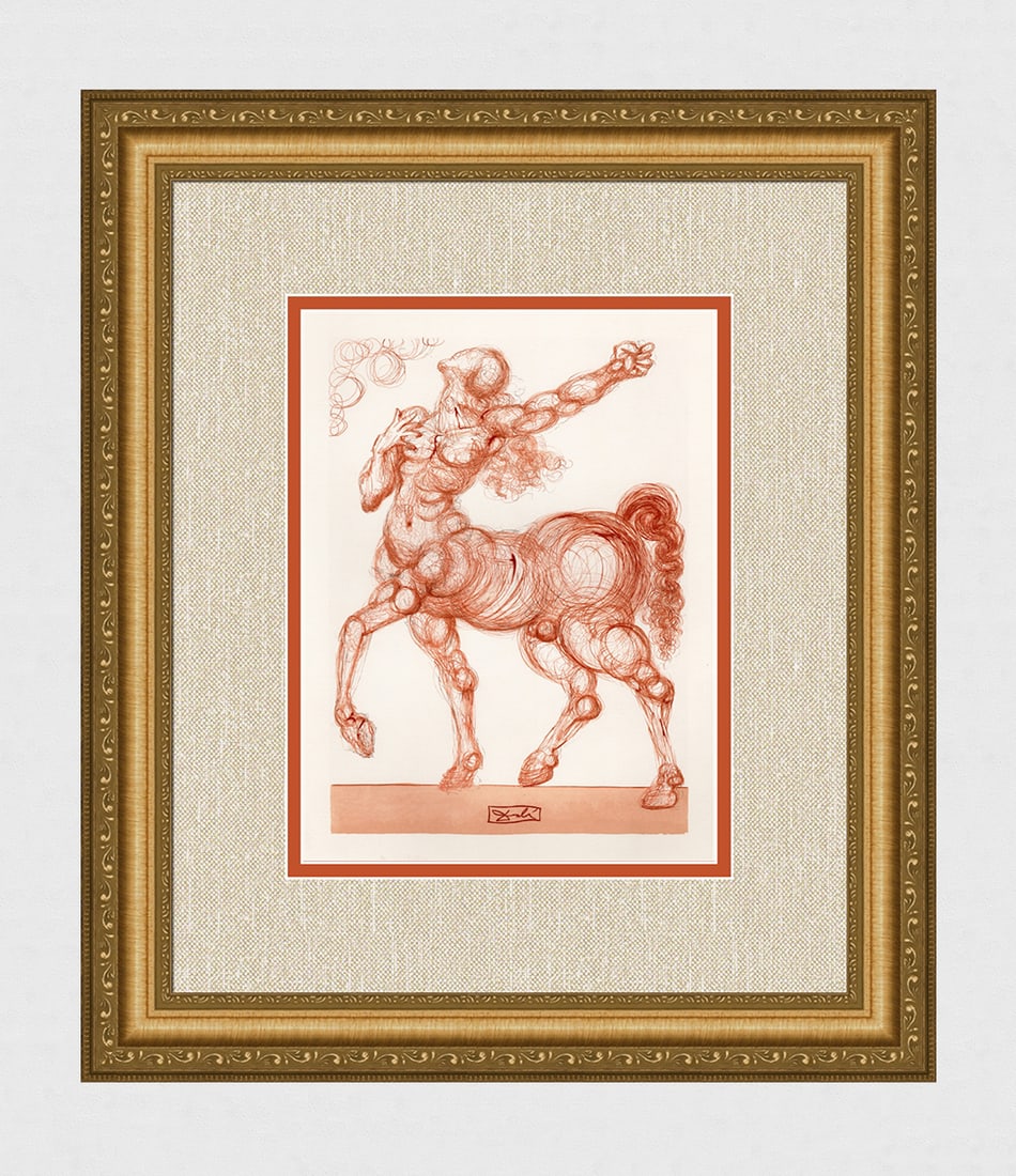 1960 Salvador Dali Centaur Authentic Woodcut Signed: Salvador Dali. (1904-1989). "The Centaur" Enferno Canto 25. Authentic Original Color Woodcut from The Divine Comedy Printed in 1960 on B.F.K. Rives Paper ( this is not a reproduction, copy, or reprint