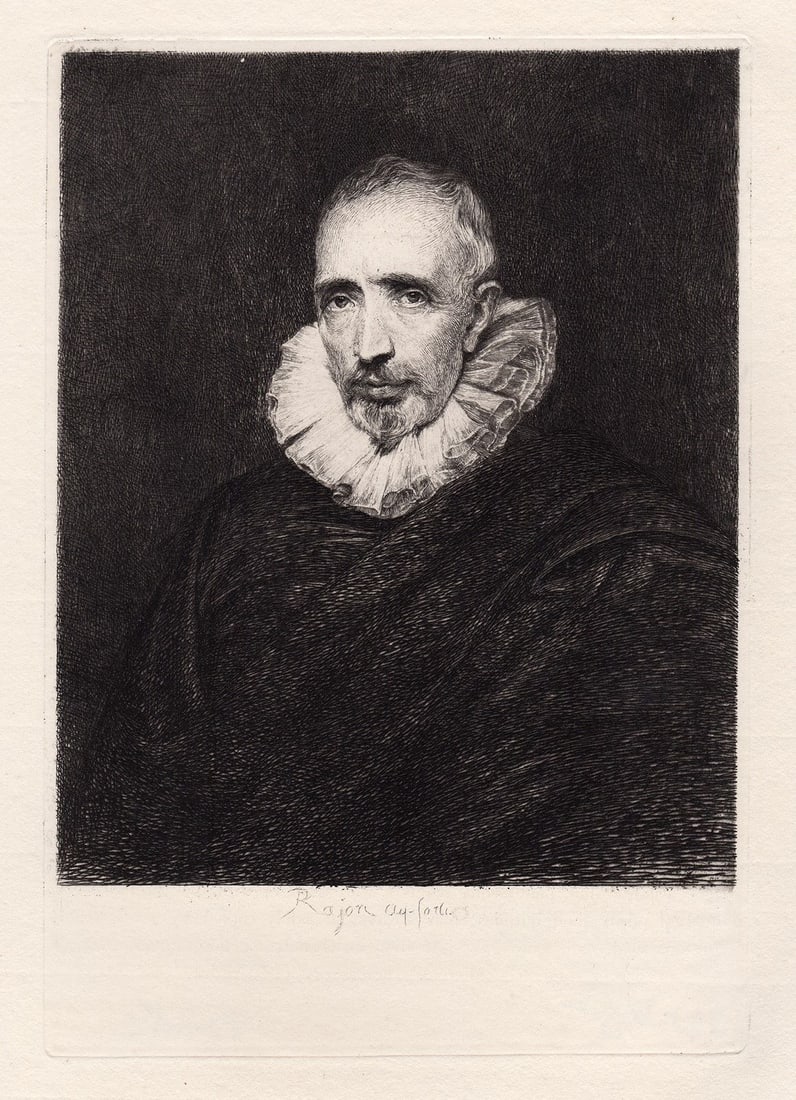 Anthony van Dyck Portrait called Gevartius 1872 etching: Anthony van Dyck. (Flemish, 1599-1641). Portrait called Gevartius. Antique etching on heavy wove paper after the original by master etcher Paul-Adolphe Rajon (French, 1843 - 1888). Signed in the plate