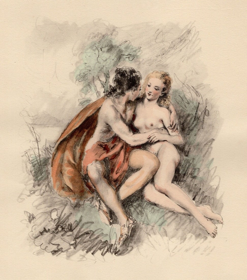 Original 1947 Paul-Emile Becat Nude Limited Lithograph Seated Lovers Framed: Paul-emile Becat (French, 1885 - 1960). Love at First Sight (Le coup de foudre). Original color lithograph on velin paper. Year: 1947. Numbered limited edition. This is one of 254 numbered copies bear