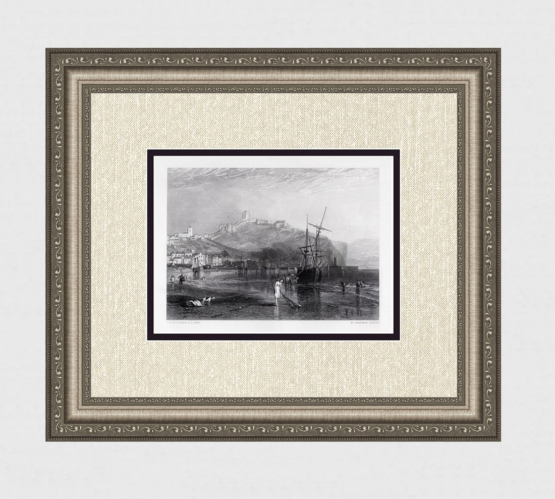 1800s WILLIAM TURNER Engraving Scarborough, Shrimping SIGNED FRAMED: Joseph Mallord William Turner (English, 1775-1851). Scarborough. Antique engraving on wove paper after the original by master engraver William Chapman (British, 1817-1873 or later). Year: 1878. Refere