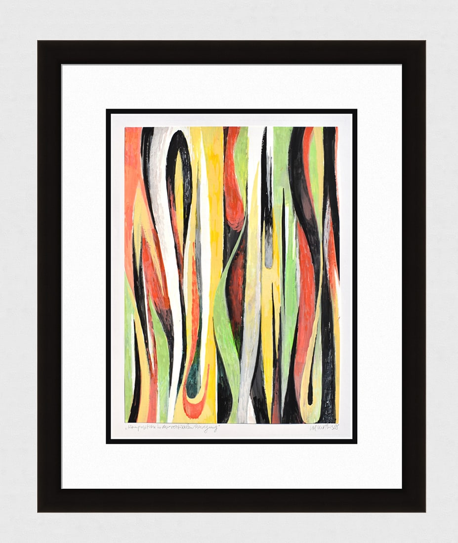 Mathis Original Gouache Composition in the vertical movement Framed Swiss: Josef Johann Mathis (Joe Mathis, 1913 - 2002; Swiss). Composition in the vertical movement (Komposition in der vertikalen Bewegung). Original Mixed Media Gouache on paper. Year: 1988. Hand signed and 