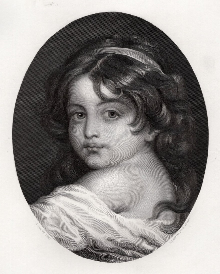 1800s Jean-Baptiste Greuze Engraving The Young Child SIGNED Framed: Jean-Baptiste Greuze (French, 1725 - 1805. Childhood. Antique engraving on wove paper after the original by master engraver Joseph Alfred Annedouche (French, 1833 - 1922). Year: 1859. Signed in the pl