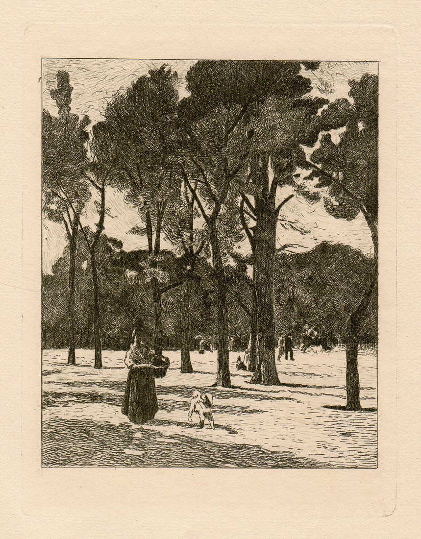 Stanislas Lepine L'esplanade des Invalides 1800's Etching: Stanilas Lepine (1835 - 1892). L'Esplanade des Invalides (The Park of Invalides). Hand Pulled Copper plate etching, printed in Dark Green ink, on cream laid paper after the original by Auguste Marie L