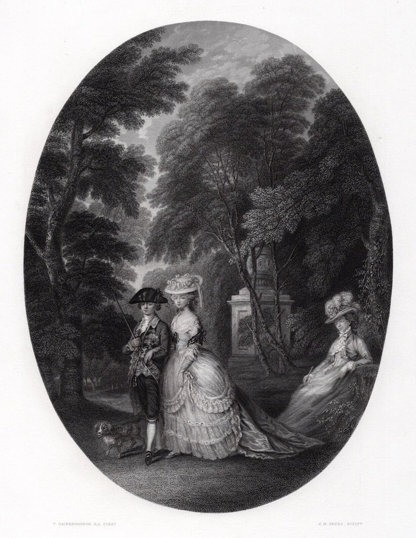 1800s Thomas GAINSBOROUGH Engraving "The Walk At Kew" SIGNED Framed: Sir Thomas Gainsborough (English, (baptised 1727 - 1788). The Walk At Kew. Antique engraving on wove paper after the original by Master Engraver Charles Henry Jeens, British (1827 - 1879). Year: 1856.