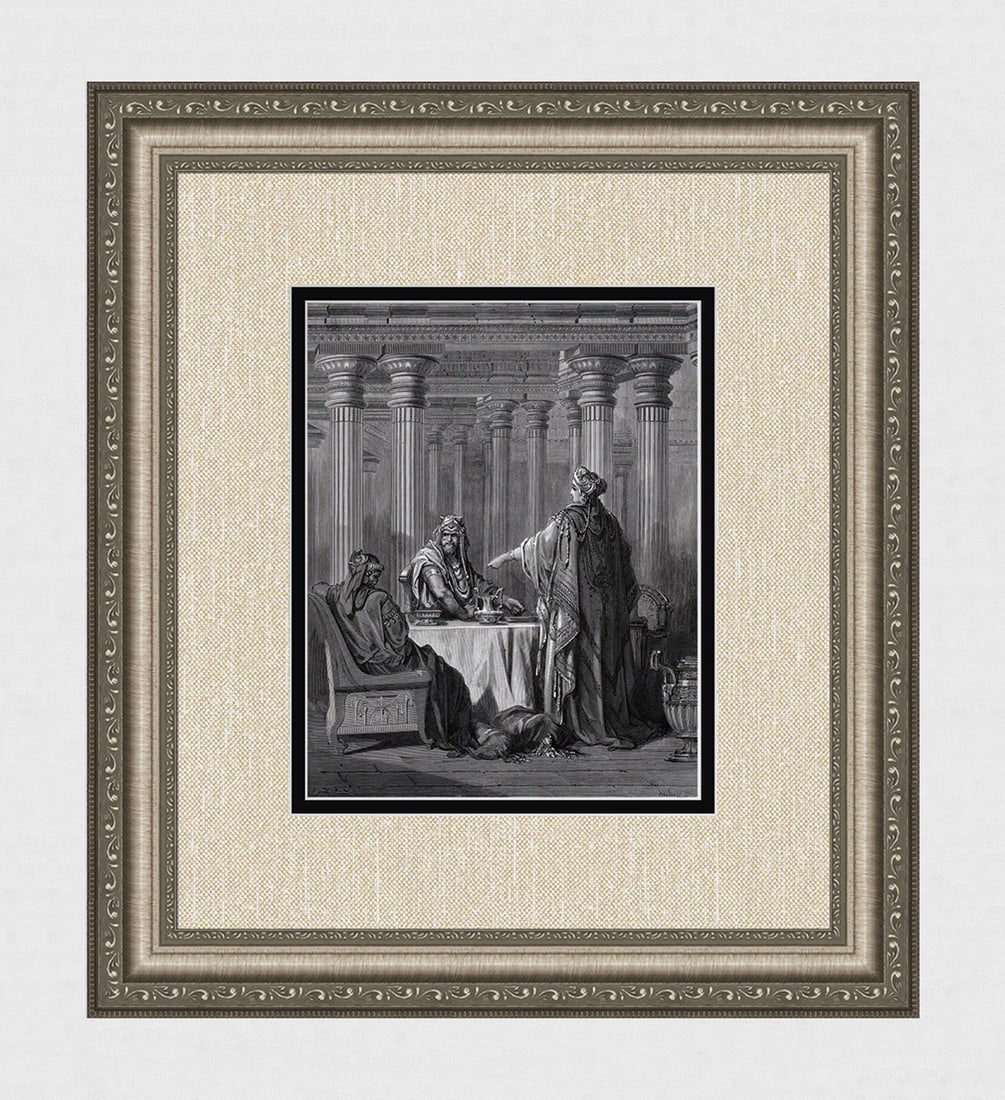 Gustave DORE SIGNED 1800s Religious Woodcut ESTHER ACCUSES HAMAN Framed: Gustave Dore (Paul Gustave Louis Christophe Dore) (French, 1832-1883). Esther Accusing Haman (From Dore's Bible). Antique woodcut wove paper after the original by a master wood engraver Ad Ligny (Fren