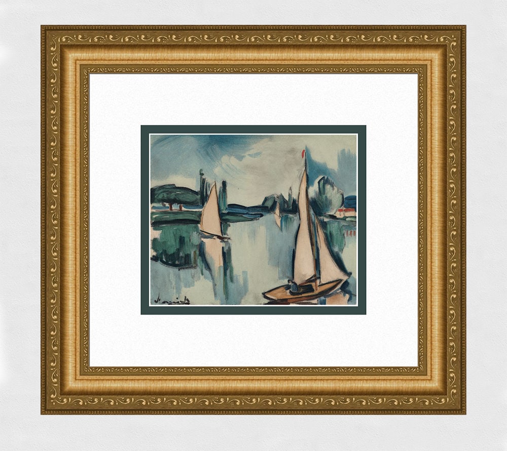 Maurice de Vlaminck 1958 lithograph Voiliers sur la Seine signed: Maurice de Vlaminck. (1876-1958). Voiliers sur la Seine. Color lithograph on wove paper after the original 1908 painting. 1958. Signed in the plate. Excellent. Legendary Atelier Mourlot. Image Size 6 