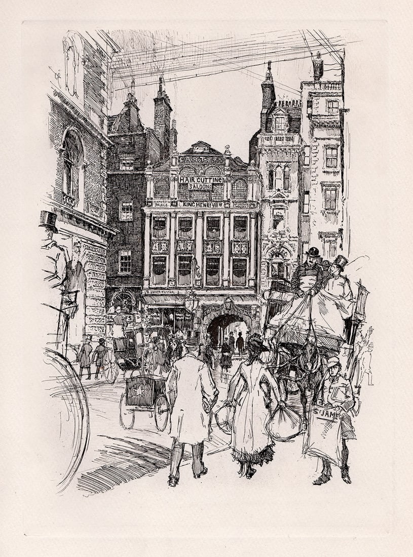 Joseph Pennell The Corner of Chancery Lane 1890 etching: Joseph Pennell. (American, 1857-1926)Pennell. The Corner of Chancery Lane. Antique etching on wove paper after the original sketch by a master etcher. Year: 1890. Excellent. Image Size 7 3/8 x 10 1/2 