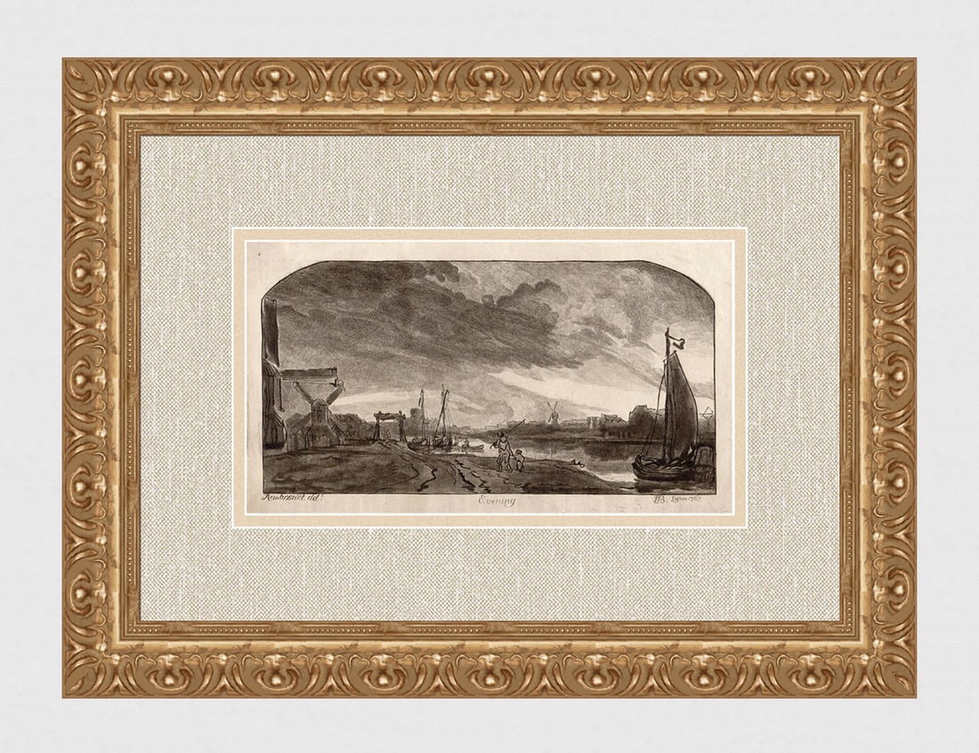 1765 REMBRANDT Etching Evening Leyden Baillie SIGNED Framed (1 of 4)