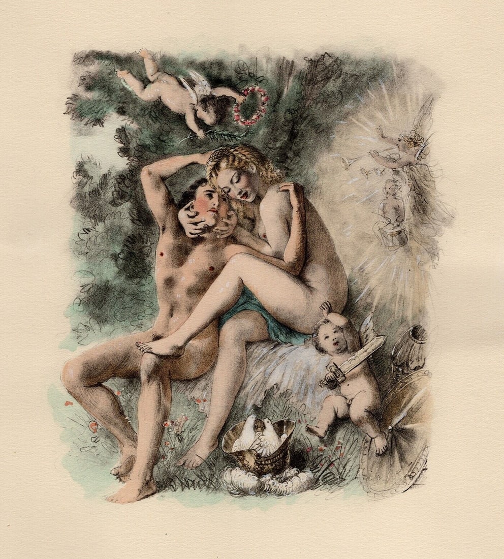 Original 1947 Paul-Emile Becat Limited Lithograph Le Casque Framed: Paul-emile Becat (French, 1885 - 1960). Ninth Kiss, The Helmet (Neuvieme Baiser, Le Casque). Original lithograph on Chiffon Renage paper. Year: 1947. Numbered limited edition. This is one of 254 numbe